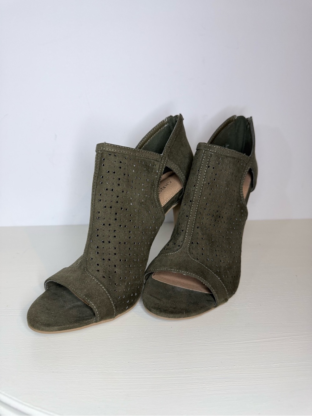 Christian Siriano For Payless Olive Green Suede Peep-Toe Heels Size 7